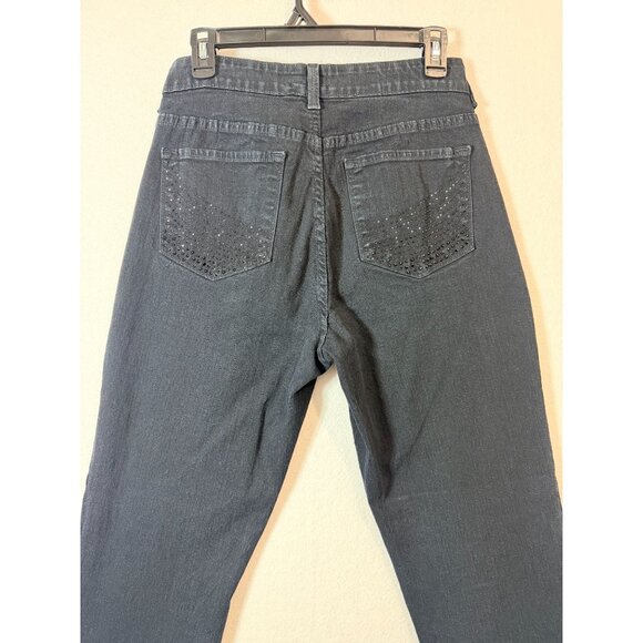 NYDJ Womens Black Straight-Leg Jeans With Rhinestone Back Pockets Size 8 Made In - Picture 11 of 13